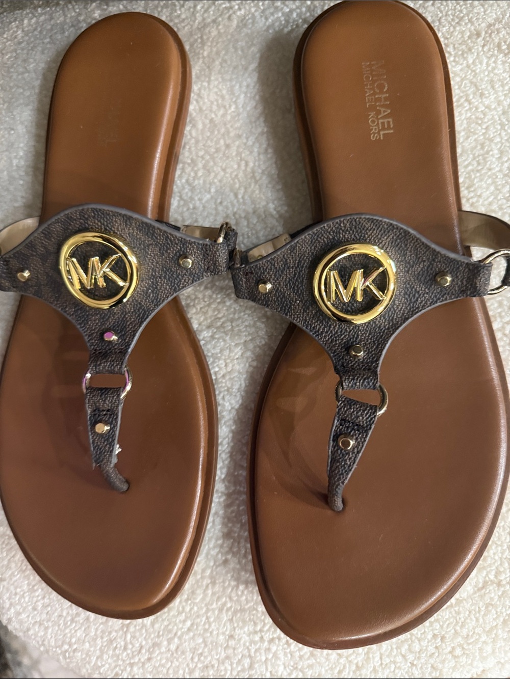 Michael Kors Brown Leather Logo Tee-Thong Sandals with Gold MK Medallion